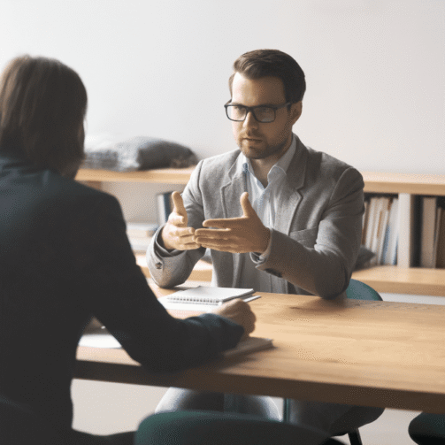 duas pessoas conversam em uma sala de reunião para ilustrar o que pode ser terceirizado no rh da sua empresa